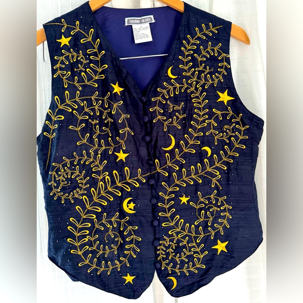 Sigrid Olsen. Dark navy silk vest with gold embroidery.